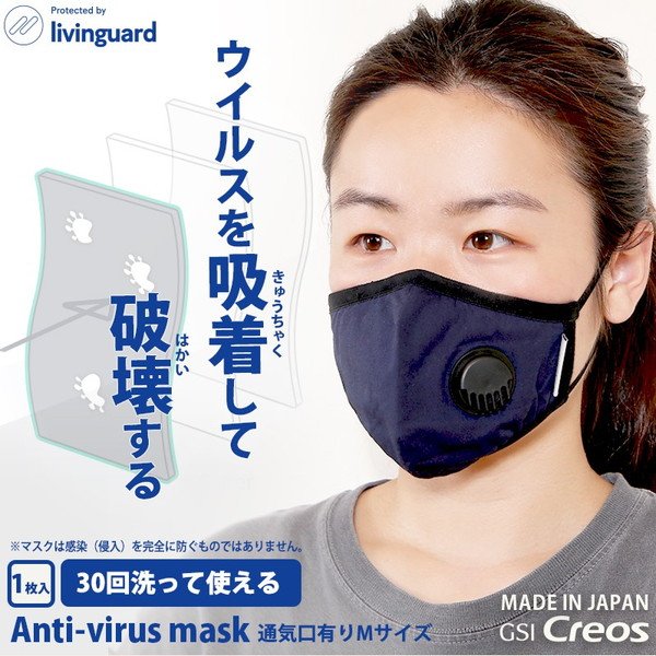 画像1: [アンチウイルスマスク（通気口有りタイプ）]ウイルスを吸着して破壊する（洗えて再利用可能）GSIクレオス［日本製］ (1)
