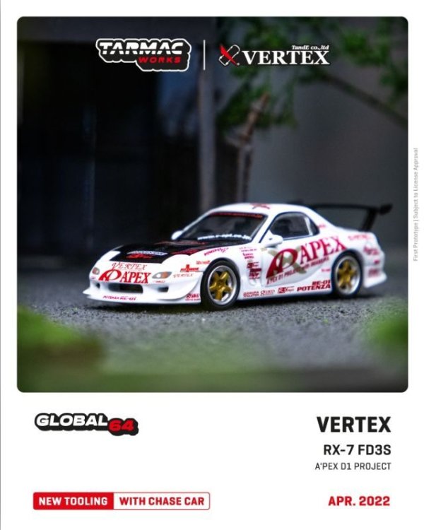 画像1: 1/64　VERTEX Mazda RX-7 FD3S/A'PEX D1 PROJECT(アペックス）TARMAC Works ダイキャスト (1)