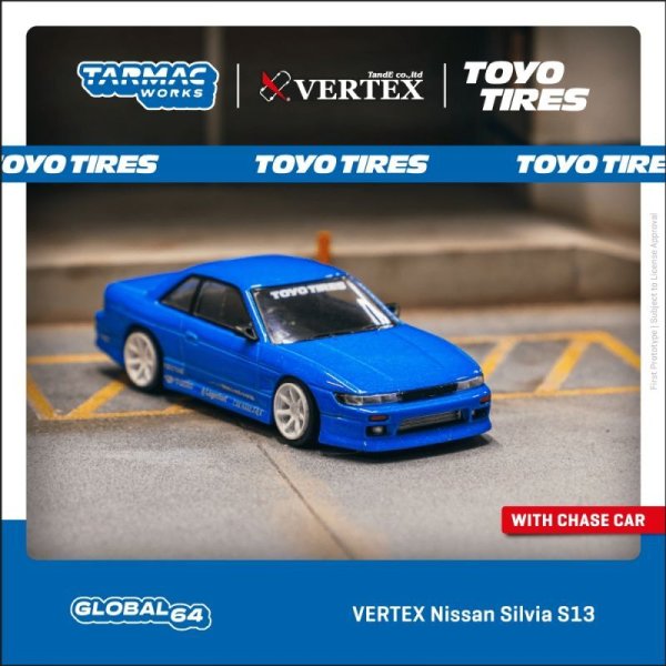 画像1: 【予約・限定】1/64 VERTEX Nissan Silvia S13 BLUE Metallic TOYO TIRES（ブルメタ）TARMAC Works ダイキャスト (1)