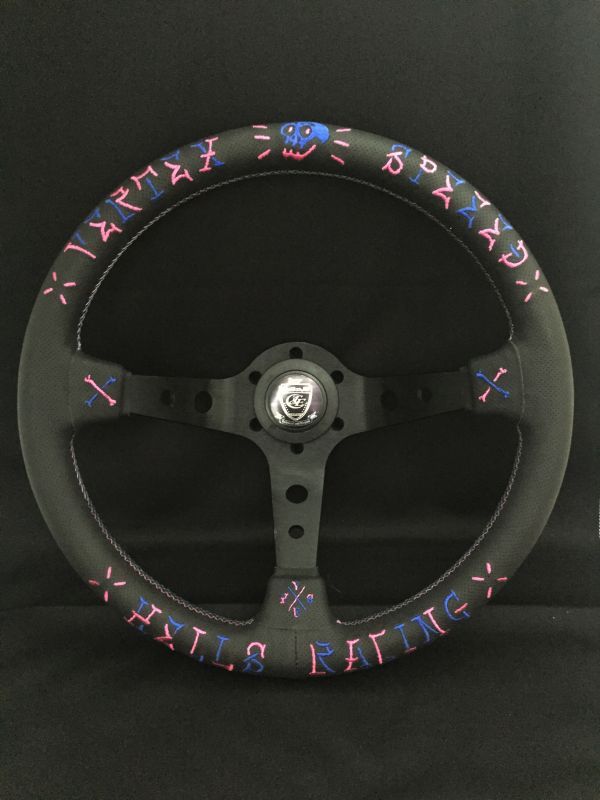 VERTEXステアリング[VERTEX HELLS Racing Pink/Blue]90mmDEEP/35Φ Leather TYPE/Designed by JUN WATANABE